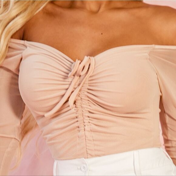 Prettylittlething Shape Stone Mesh Long Sleeve Ruched Bodysuit Size 8 Tan NWT - Picture 5 of 7